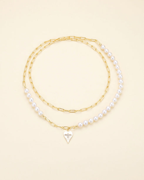 28-Inch Freshwater Pearl & Chain Necklace with Gold Heart Bee Pendant